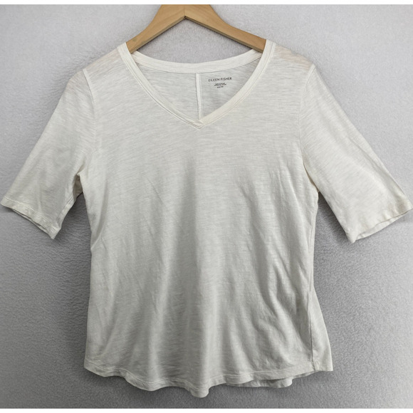 Eileen Fisher Tops - EILEEN FISHER Top XS Slub Organic Cotton Jersey V-Neck Elbow Sleeve White